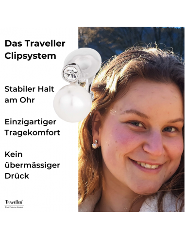 Traveller Ohrclip - Perle - 10 mm - Weiß - Preciosa Kristalle - Platiniert - Silberfarbe - 15x10 mm - 113880