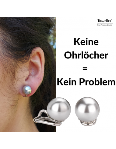 Traveller Ohrclips - Perle - 10 mm - Hellgrau - Platiniert - Silberfarbe - 15x10 mm - 710110