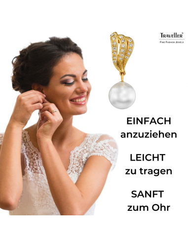 Traveller Ohrclips - Hänger - Vergoldet - Perle - 10mm - Weiss - Kristalle - 27x10mm - 114256