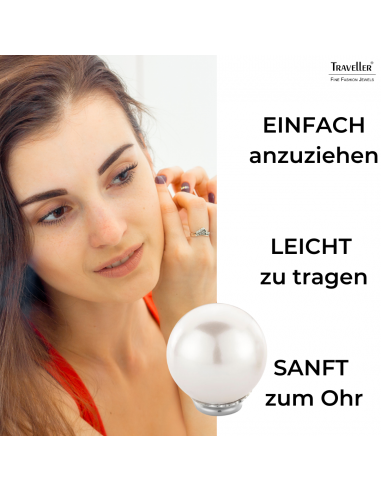 Traveller Ohrclips - Perle - 14  mm - Weiß - Platiniert - Silberfarbe - 801114