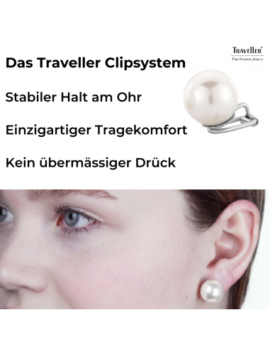 Traveller Ohrclips - Perle - 14  mm - Weiß - Platiniert - Silberfarbe - 801114