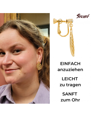 Grossé Ohrclip - Foglia - Goldfarbe - Kristalle - Vergoldet - Blatt - 32x20 mm - GJ64200