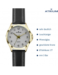 ATRIUM Damen Armbanduhr Leder Schwarz Goldfarben - A11-20