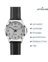ATRIUM Damen Armbanduhr Leder Schwarz Silberfarben - A11-10