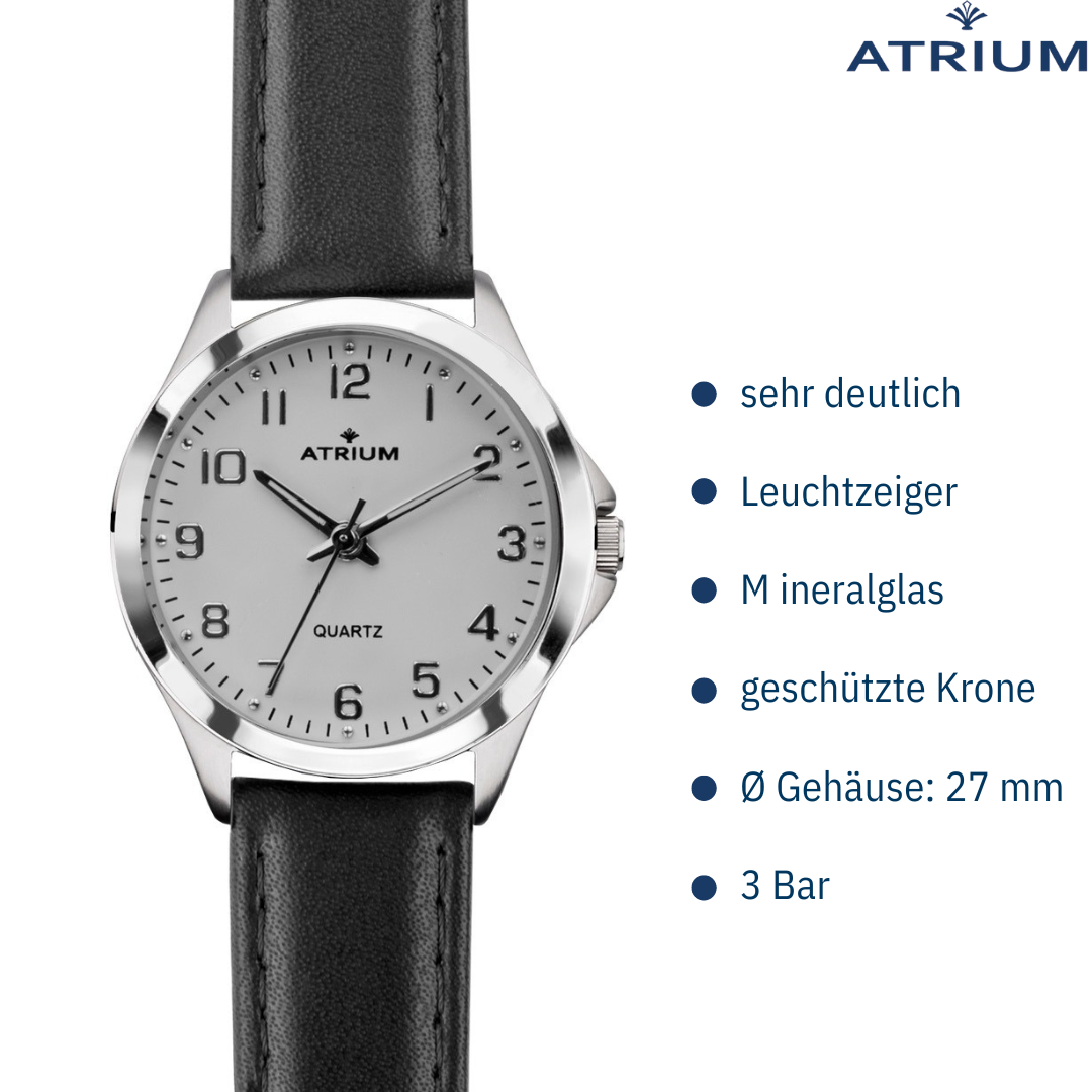 ATRIUM Damen Armbanduhr Leder Schwarz Silberfarben - A11-10
