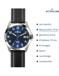 ATRIUM Herren Armbanduhr - Schwarzes Lederband - Blaues Zifferblatt - Datum - Edelstahl 10 bar - A16-15 ATRIUM Herren Armbanduhr - Schwarzes Lederband - Blaues Zifferblatt - Datum - Edelstahl 10 bar - A16-15