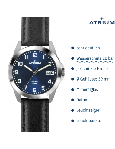 ATRIUM Herren Armbanduhr - Schwarzes Lederband - Blaues Zifferblatt - Datum - Edelstahl 10 bar - A16-15 ATRIUM Herren Armbanduhr - Schwarzes Lederband - Blaues Zifferblatt - Datum - Edelstahl 10 bar - A16-15