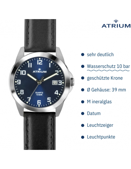 ATRIUM Herren Armbanduhr - Schwarzes Edelstahl 10 Zifferblatt Datum A16-15 Blaues Lederband bar - - - 