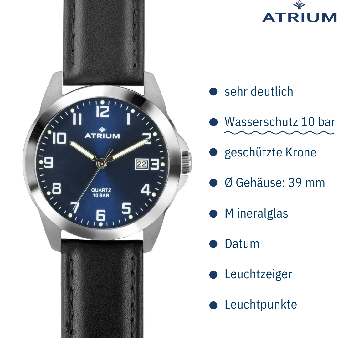 ATRIUM Herren Armbanduhr - Schwarzes Lederband - Blaues Zifferblatt - Datum  - Edelstahl 10 bar - A16-15