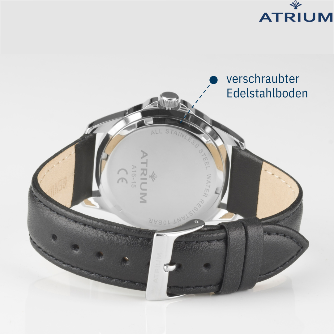 ATRIUM Herren Armbanduhr - Schwarzes Lederband - Blaues Zifferblatt - Datum  - Edelstahl 10 bar - A16-15