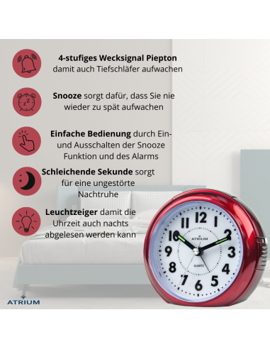 ATRIUM Wecker Analog Weiss ohne Ticken - A240-1