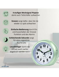 Atrium Wekker - Analoog - Mintgroen - Zonde tikgeluid - Snooze - Quartz - A240-13