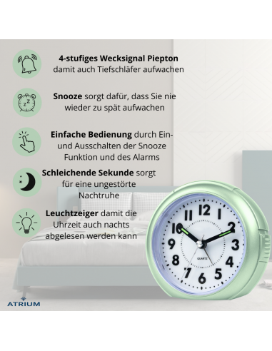 Atrium Wekker - Analoog - Mintgroen - Zonde tikgeluid - Snooze - Quartz - A240-13