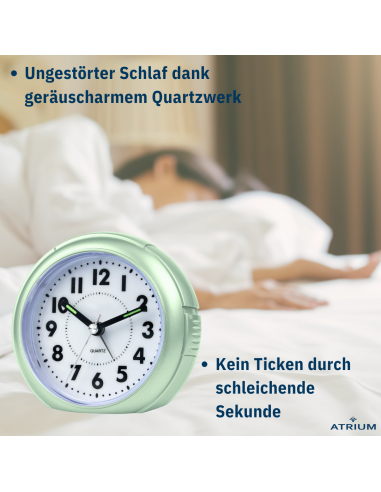 Atrium Wekker - Analoog - Mintgroen - Zonde tikgeluid - Snooze - Quartz - A240-13