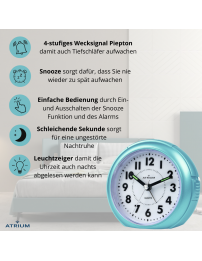 ATRIUM Wecker Analog Hellblau ohne Ticken - A240-15