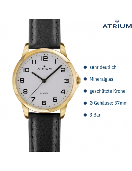 ATRIUM Armbanduhr - Herren - Leder schwarz - Goldfarben - A36-20 | Quarzuhren