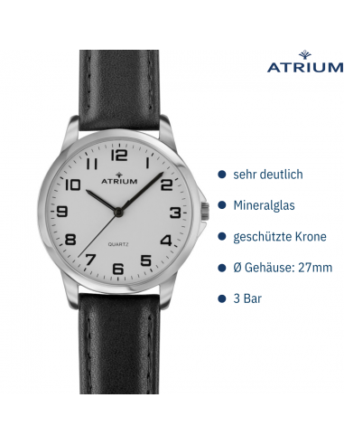 ATRIUM Armbanduhr - Damen - Analog - Silberfarben - Leder Schwarz - Klare Zifferblatt - 27 mm - A37-10