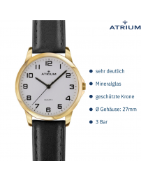 ATRIUM Armbanduhr - Damen - Goldfarbe - Leder Schwarz - Klare Zifferblatt - 27 mm - A37-20 ATRIUM Armbanduhr - Damen - Goldfarbe - Leder Schwarz - Klare Zifferblatt - 27 mm - A37-20