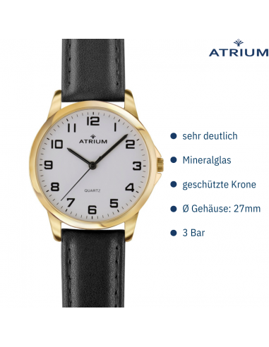 ATRIUM Armbanduhr - Damen - Goldfarbe - Leder Schwarz - Klare Zifferblatt - 27 mm - A37-20 ATRIUM Armbanduhr - Damen - Goldfarbe - Leder Schwarz - Klare Zifferblatt - 27 mm - A37-20