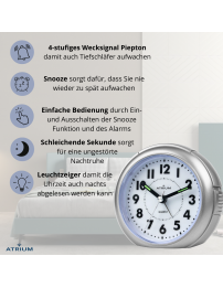 ATRIUM Wecker Analog Silbern ohne Ticken - A240-19