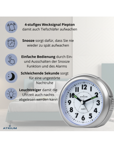 ATRIUM Wecker Analog Silbern ohne Ticken - A240-19
