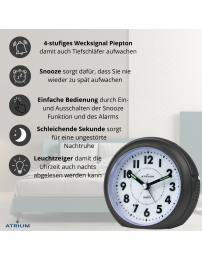 ATRIUM Wecker Analog Schwarz ohne Ticken - A240-7