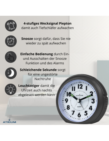 ATRIUM Wecker Analog Schwarz ohne Ticken - A240-7