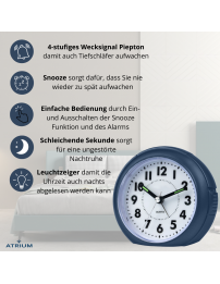 ATRIUM Wecker Analog Dunkelblau ohne Ticken - A240-35