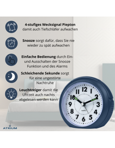 ATRIUM Wecker Analog Dunkelblau ohne Ticken - A240-35