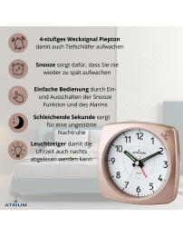 ATRIUM Wecker - Analog - Bronze - Ohne Tickgeräusch - Aufbauton - Alarm - Schlummerfunktion - A251-17
