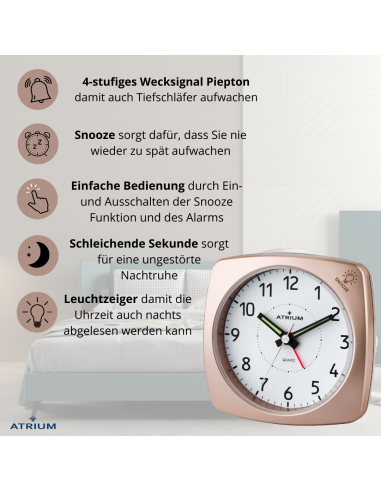 ATRIUM Wecker - Analog - Bronze - Ohne Tickgeräusch - Aufbauton - Alarm - Schlummerfunktion - A251-17