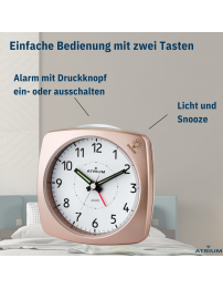 ATRIUM Wecker - Analog - Bronze - Ohne Tickgeräusch - Aufbauton - Alarm - Schlummerfunktion - A251-17