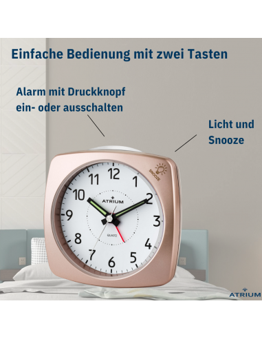 ATRIUM Wecker - Analog - Bronze - Ohne Tickgeräusch - Aufbauton - Alarm - Schlummerfunktion - A251-17