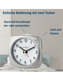 ATRIUM Wecker - Analog - Silber - Ohne Tickgeräusch - Aufbauton - Alarm - Schlummerfunktion - A251-19