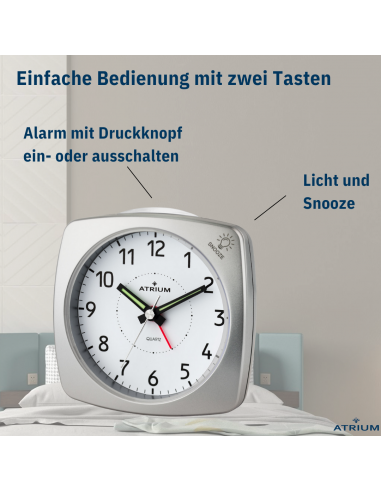 ATRIUM Wecker - Analog - Silber - Ohne Tickgeräusch - Aufbauton - Alarm - Schlummerfunktion - A251-19