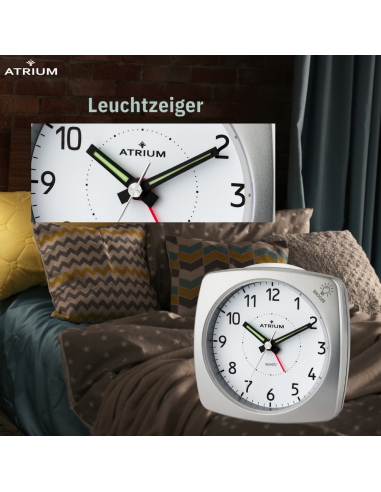 ATRIUM Wecker - Analog - Silber - Ohne Tickgeräusch - Aufbauton - Alarm - Schlummerfunktion - A251-19