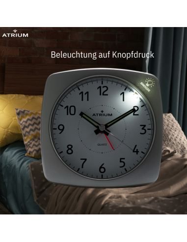 ATRIUM Wecker - Analog - Silber - Ohne Tickgeräusch - Aufbauton - Alarm - Schlummerfunktion - A251-19
