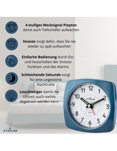 ATRIUM Wecker - Analog - Blau - Ohne Tickgeräusch - Aufbauton - Alarm - Schlummerfunktion - A251-5
