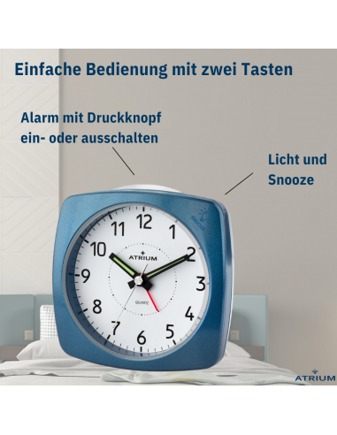 ATRIUM Wecker - Analog - Blau - Ohne Tickgeräusch - Aufbauton - Alarm - Schlummerfunktion - A251-5