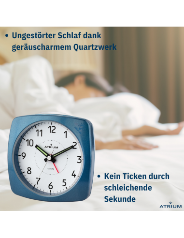 ATRIUM Wecker - Analog - Blau - Ohne Tickgeräusch - Aufbauton - Alarm - Schlummerfunktion - A251-5
