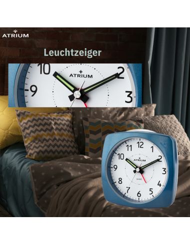 ATRIUM Wecker - Analog - Blau - Ohne Tickgeräusch - Aufbauton - Alarm - Schlummerfunktion - A251-5