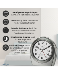 ATRIUM Wecker - Senioren - Analog - Nachtlicht - Anthrazit - Klar - Einfache Bedienung - Ohne Ticken - A451-4