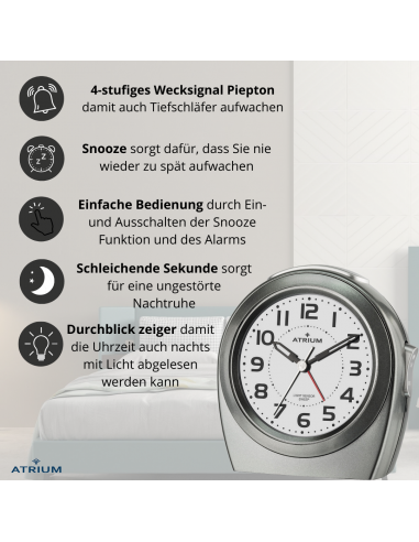 ATRIUM Wecker - Senioren - Analog - Nachtlicht - Anthrazit - Klar - Einfache Bedienung - Ohne Ticken - A451-4