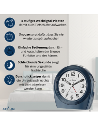 Atrium Wecker - Senioren - Analog - Auto Nachtlicht - Dunkelblau - Klar - Einfache Bedienung- Ohne Ticken - A451-5