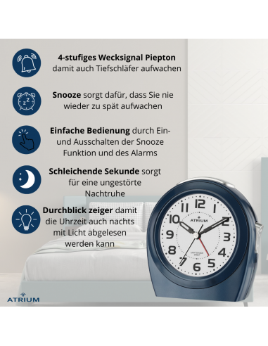 Atrium Wecker - Senioren - Analog - Auto Nachtlicht - Dunkelblau - Klar - Einfache Bedienung- Ohne Ticken - A451-5