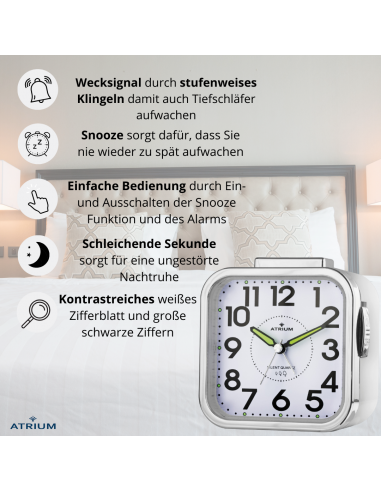 ATRIUM Wecker - Senioren - Analog - Weiss - Klar - Einfache Bedienung - A530-0