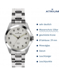 ATRIUM Uhr - Herren - Stahlband - Weisses Zifferblatt - Datum - Edelstahl - 10 bar - A16-30