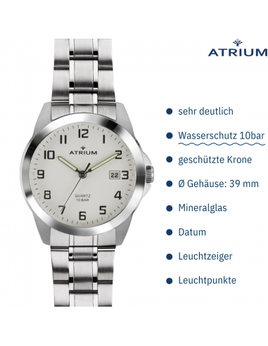 ATRIUM Uhr - Herren - Stahlband - Weisses Zifferblatt - Datum - Edelstahl - 10 bar - A16-30