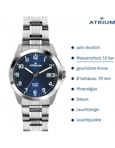 ATRIUM Uhr - Herren - Stahlband - Blaues Zifferblatt - Datum - Edelstahl - 10 bar - A16-35