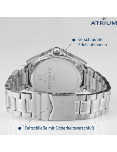 ATRIUM Uhr - Herren - Stahlband - Blaues Zifferblatt - Datum - Edelstahl - 10 bar - A16-35